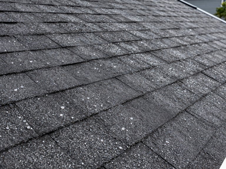 Close-up of hail impact marks on dark asphalt shingles, crisp focus, true-to-life colors