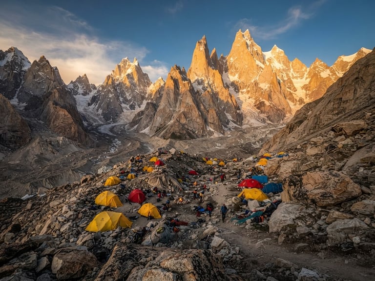 Rugged outdoor photography of a high-altitude basecamp nestled under towering Karakoram peaks, dramatic alpine golden hour light, deep forest and earth tones, 24mm wide-angle.