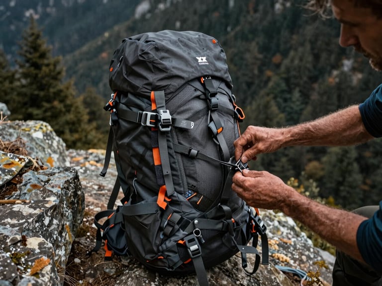 Close-up of weathered hands packing a technical mountaineering backpack on a rugged stone ledge, safety orange gear accents visible
