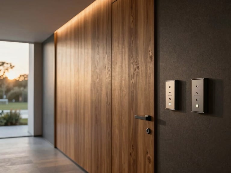 Clean architectural view of a modern hallway, plaster-in linear lighting, flush-mounted architectural keypads, natural diffused daylight, rich wood and charcoal tones, 35mm lens