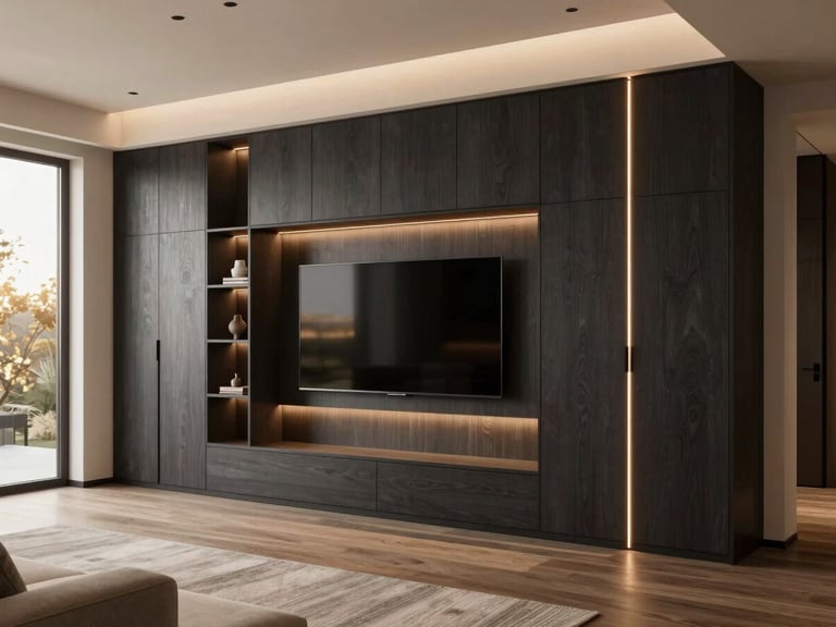 A high-fidelity architectural rendering of a modern living room with custom dark charcoal cabinetry, integrated soft bronze LED lighting, realistic textures, 35mm lens.