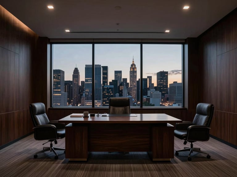 Modern, impeccable corporate law office, dark wood, leather chairs, and a large window overlooking a city skyline at dusk. Dramatic low-key lighting, deep shadows, and subtle silver highlights. Wide-angle shot.