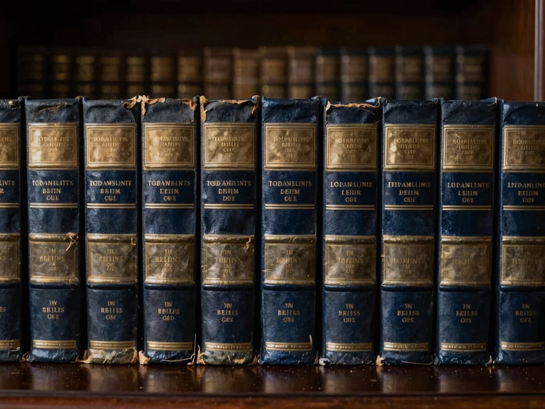 Close-up of a meticulously organized legal brief or old law books on a dark, polished desk in a dimly lit, prestigious law library. Focus on texture and subtle golden light. Macro shot.