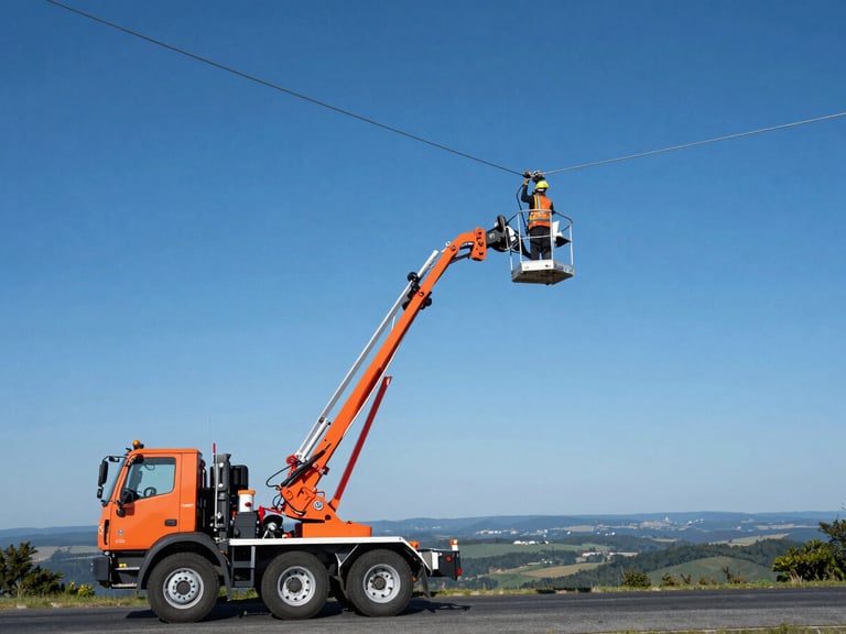 Wide environmental shot of a JBI Technologies bucket truck with a technician working on an aerial cable installation in bright daylight, Mid-Atlantic landscape, deep blues and safety orange.