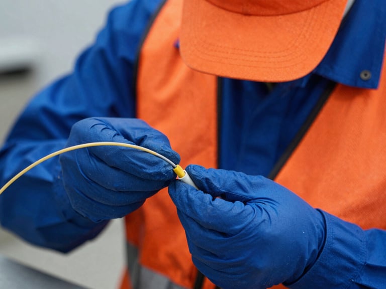 Close-up of a technician in safety gear meticulously terminating a fiber optic cable, crisp technical lighting, high contrast, deep blues and safety orange.