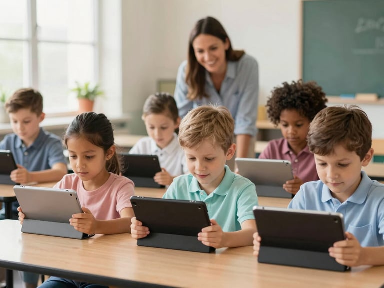 Diverse children using tablets for reading in a brightly lit Ohio classroom, guided by a smiling teacher in the background, warm natural light.