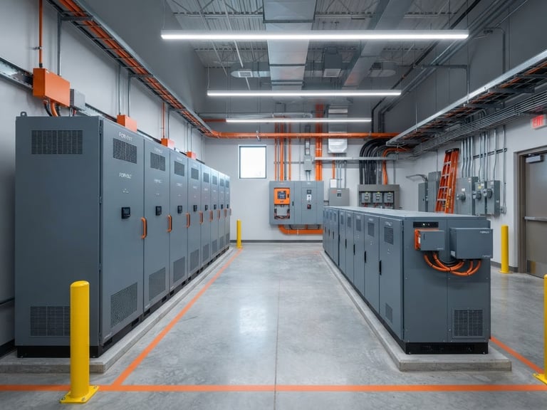 Wide-angle architectural shot of a modern industrial utility room with sleek slate gray Forvolt battery cabinets, cool clean studio lighting, safety orange accents, 50mm