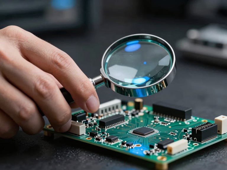Close-up of an engineer's hand inspecting a circuit board with a magnifying glass, blue light reflection, dark industrial background, sharp focus.