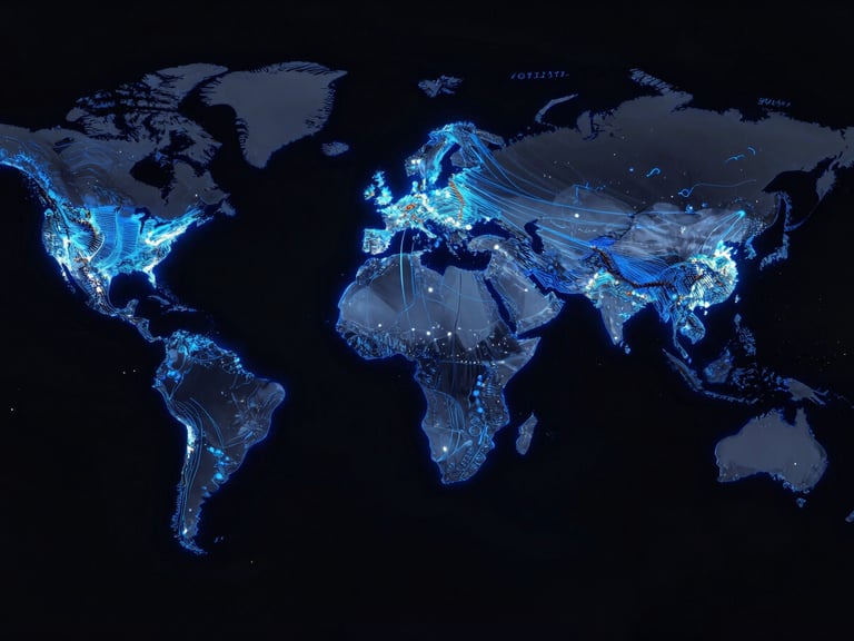 Abstract render of global shipping routes originating from Hong Kong, glowing blue lines on a dark world map, high-tech aesthetic.