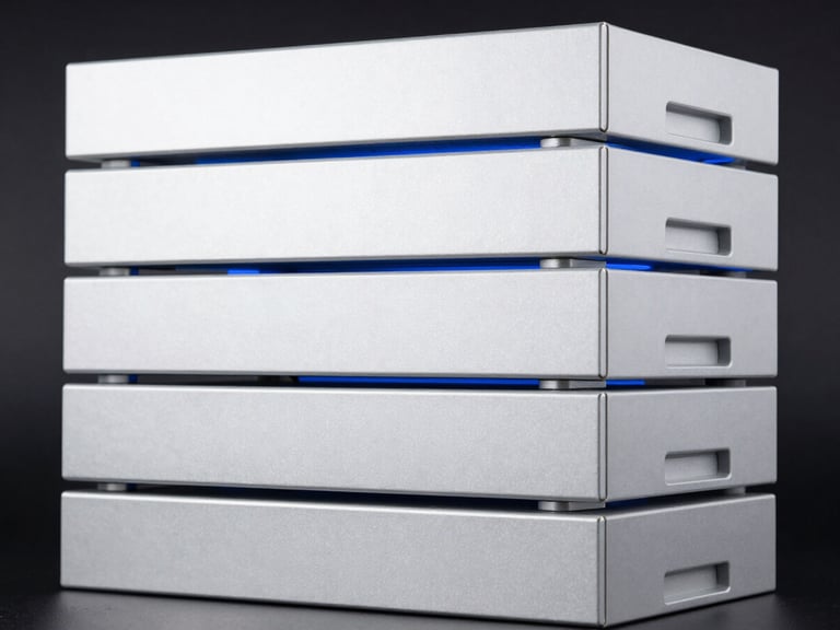 Stack of industrial power supply units, clean profile, dark background with subtle blue edge lighting, studio shot.