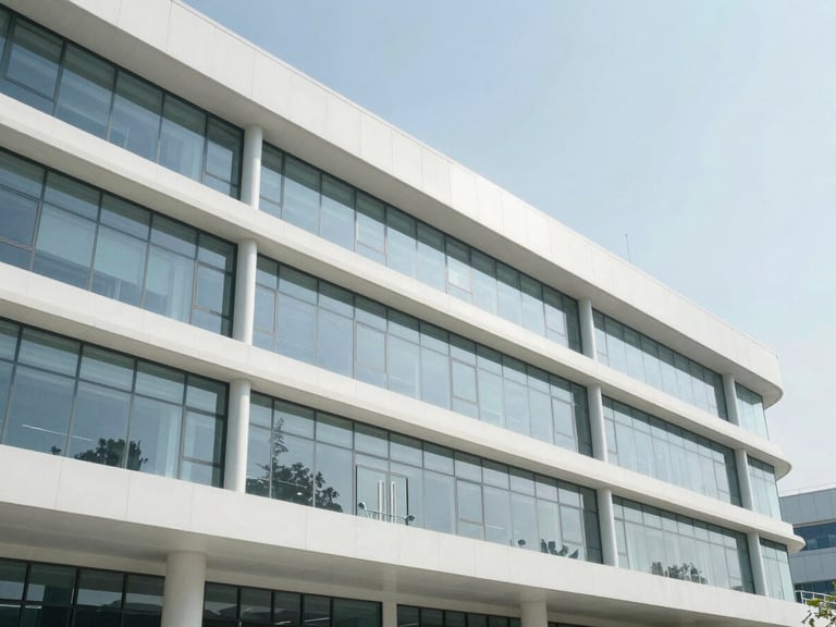 Architectural detail of a modern pharmaceutical research facility, clean glass and steel structure, bright natural daylight