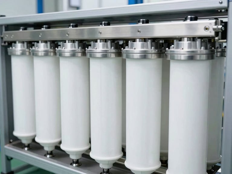 Commercial high-flow water filtration cartridges stacked neatly in a modern facility, clean white and metallic surfaces, sharp focus, 35mm
