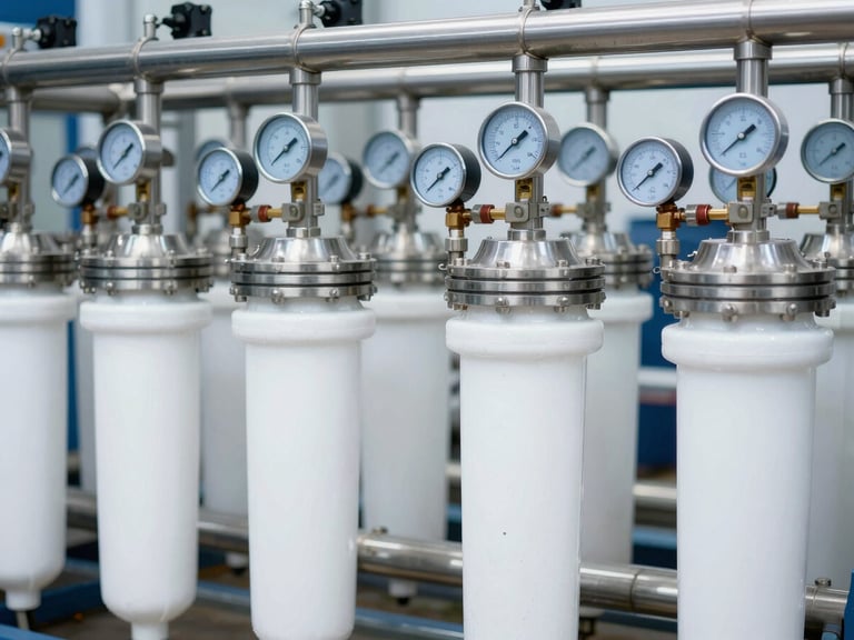 Close-up of industrial water filtration system with stainless steel pipes and pressure gauges, sharp focus, crisp cool daylight, 35mm
