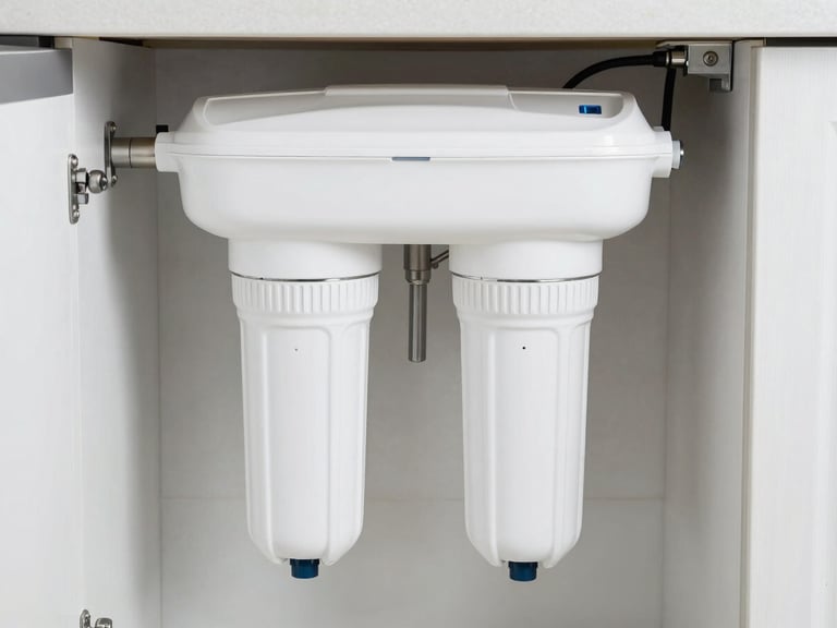 Modern domestic under-sink water filter system with clean white housing, pristine kitchen environment, sharp focus, cool daylight, 35mm