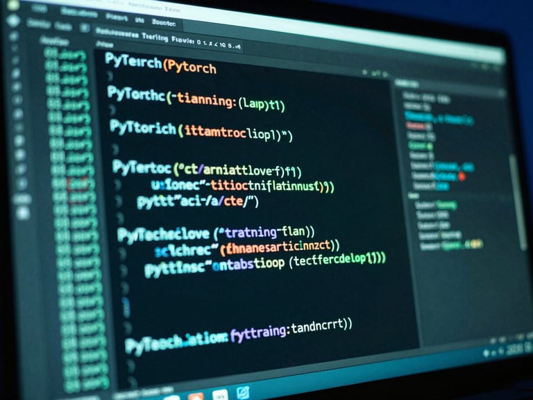 Macro shot of a high-fidelity terminal screen displaying PyTorch training loops, cool neon-teal backlighting, sharp focus on code lines, 35mm.