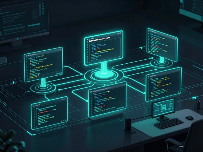 Abstract technical vector diagram of a distributed microservices system architecture, neon-teal lines on dark background, high-tech blueprint style