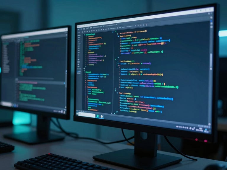 An elegant system architecture diagram on a monitor, cool-toned blue and teal lighting, shallow depth of field