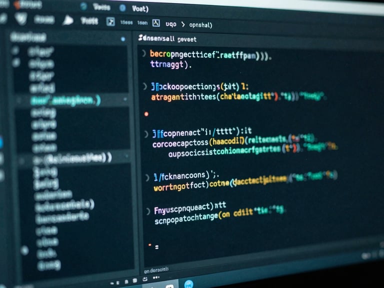 Close-up macro shot of a code editor on a dark screen, showing clean TypeScript functions, subtle neon-teal glow, shallow depth of field, 35mm