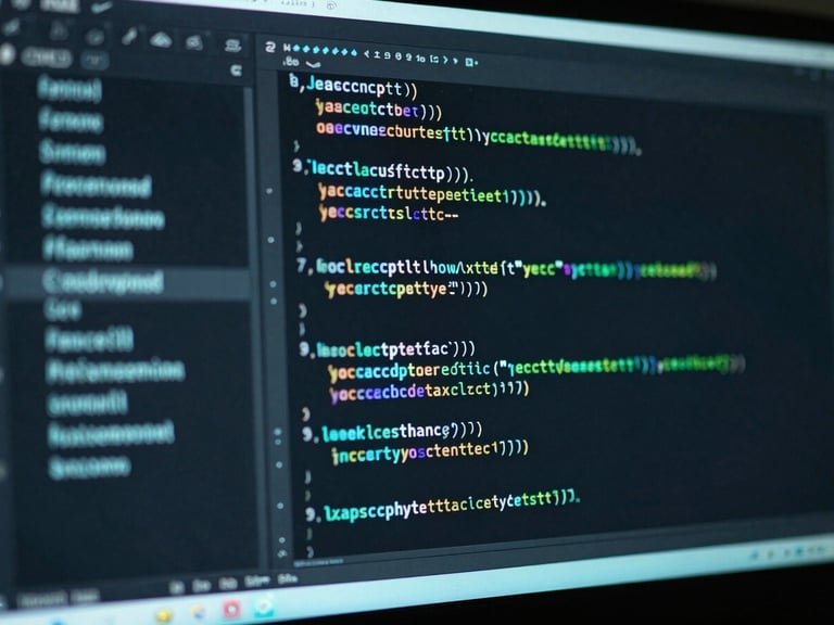 Macro shot of clean JavaScript code on a dark IDE, neon-teal accents, sharp focus, 35mm
