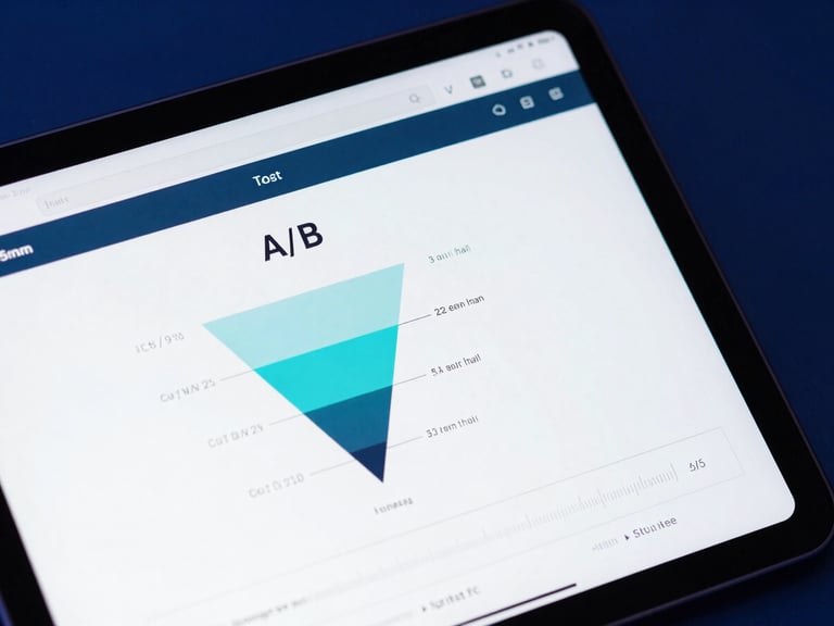 Close-up of a user interface on a tablet, showing A/B testing results for a website, with clear conversion funnels and user flow analysis, sharp corporate photography, cool blue studio lighting, high-contrast deep blues and cyan accents, crisp focus, 35mm.