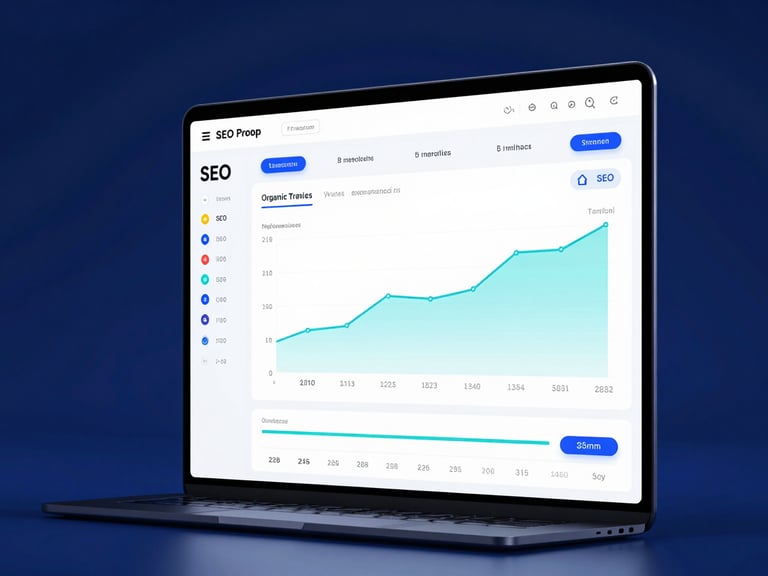 Modern device displaying a clean analytics dashboard with SEO performance data, focusing on keyword rankings and organic traffic trends, sharp corporate photography, cool blue studio lighting, high-contrast deep blues and cyan accents, crisp focus, 35mm.