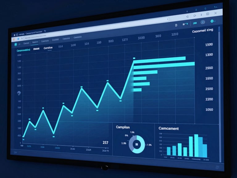 Abstract data visualization on a large screen, displaying real-time campaign performance metrics, sharp corporate photography, cool blue studio lighting, high-contrast deep blues and cyan accents, crisp focus, 35mm.
