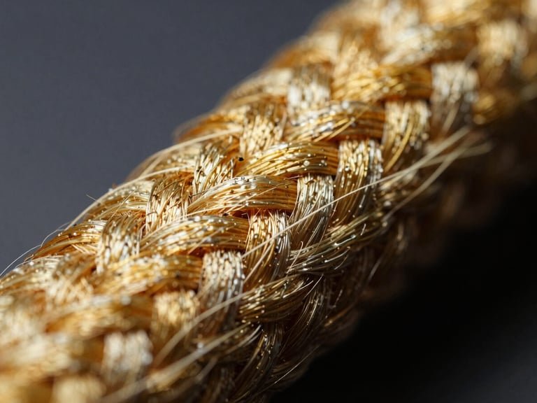 Macro-texture close-up of woven golden aramid fibers, high-contrast technical lighting, sharp focus on fiber textures, 35mm