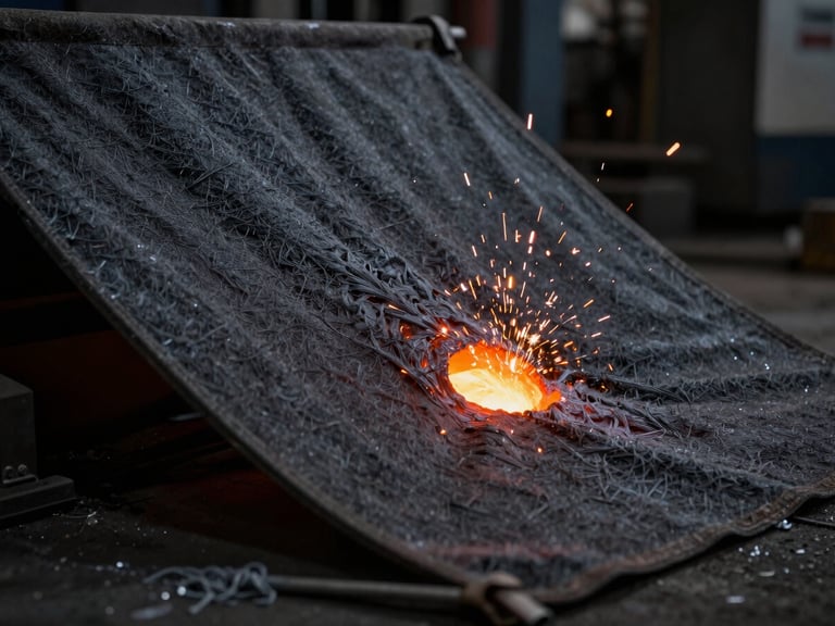Dramatic industrial backlighting in a steel foundry, molten orange liquid metal splashing onto a dark protective fabric sheet held at a 45-degree angle, sparks flying, sharp focus on the fabric texture, 35mm