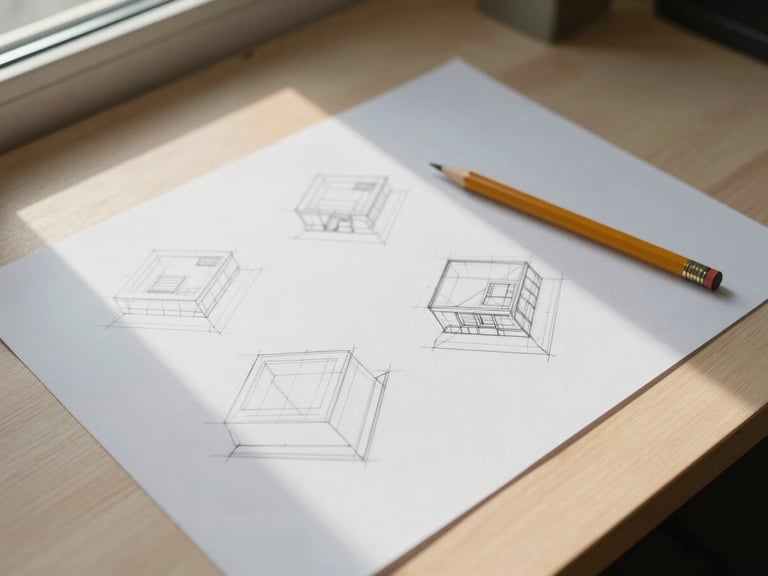 Overhead shot of a desk with printed wireframe sketches and a pencil, natural window light from above-left, minimal shadows, white paper on light wood surface, no people visible, clean composition