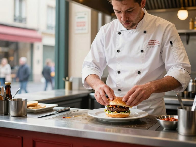 A dynamic shot of a chef finishing a gourmet burger in a warm, authentic French bistro kitchen, bright natural daylight, 35mm lens
