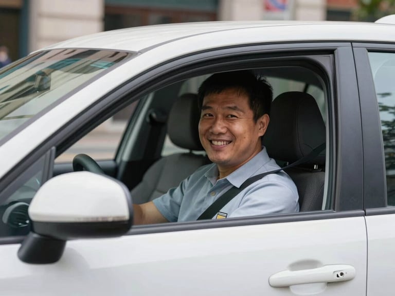 A professional driver in a clean hybrid car smiling warmly, bright daylight, urban street visible through the window, authentic editorial style