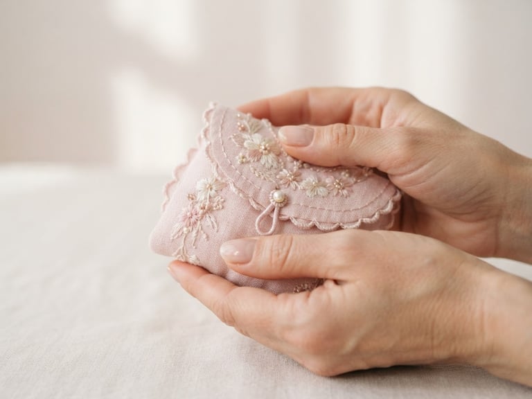 Close-up of hands gently holding a beautifully stitched, delicate baby pink textile accessory, soft diffused morning light, minimalist background with subtle shadows, 50mm lens, shallow depth of field.