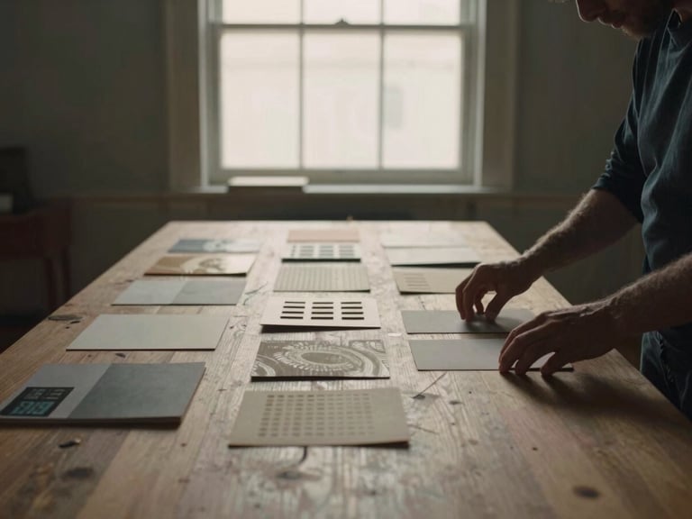 A cinematic wide shot of a creative director arranging tactile material samples on a large wooden table, soft natural window light, deep shadows
