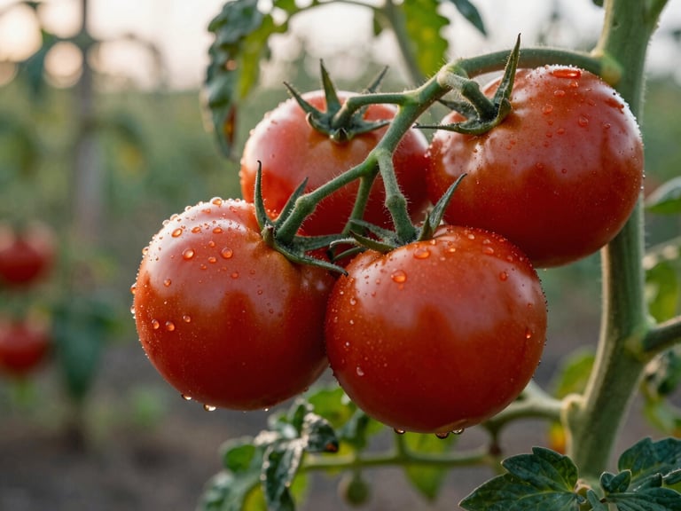 Close-up of fresh heirloom tomatoes on the vine in a field at sunrise, soft natural light, dew drops visible, shallow depth of field.