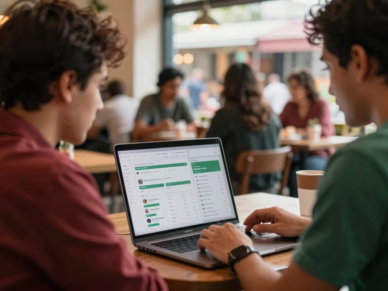 Behind-the-scenes shot of a Ratul Boss team member reviewing social media analytics on a laptop in a cozy cafe, warm ambient light, with a market scene subtly blurred in the background.