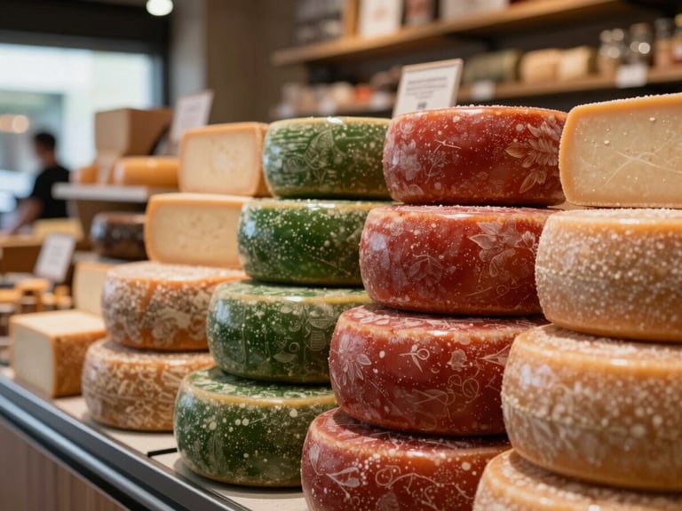 Artisanal cheese counter in a modern food market, abundant display, warm indoor light, focus on textures and colors, shallow depth of field.
