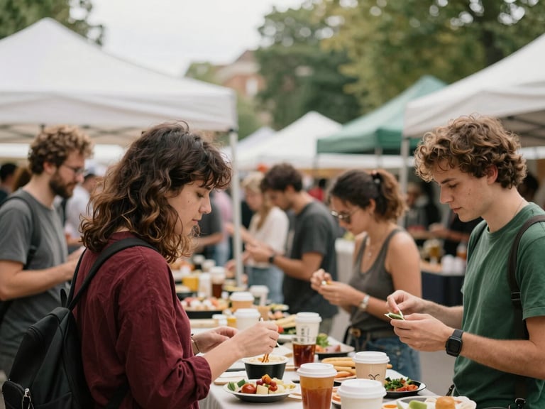Candid shot of a market event in full swing, people enjoying food and music, soft natural daylight, warm editorial photography, rich crimson and forest green tones.