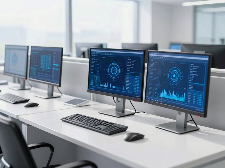 A modern, sunlit security operations center with clean desks and white monitors showing secure network diagrams