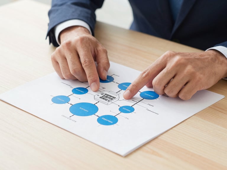 Hands of a technical advisor pointing to a clean hardware architectural diagram on a bright wooden desk, daylight