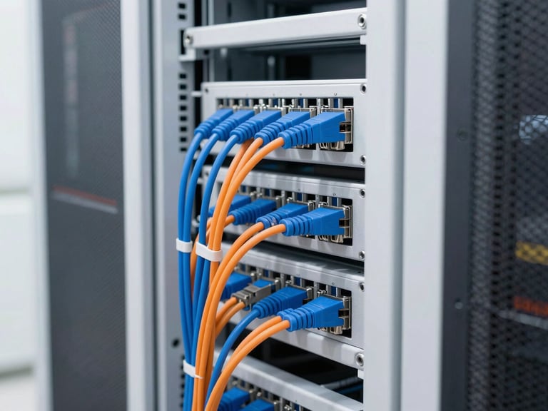 A clean server rack with perfectly organized blue and orange ethernet cables in a bright, modern server closet