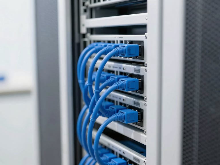 Bright high-key corporate photography, a clean server rack with tidy blue cabling, natural daylight, shallow depth of field