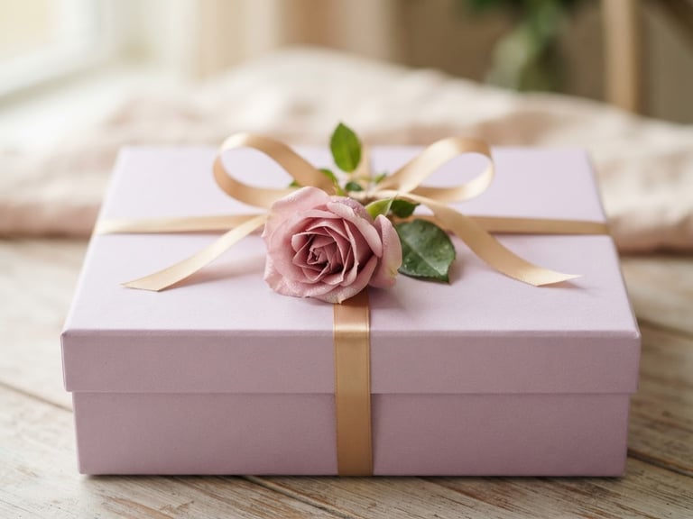Close-up of a beautifully arranged gift box with a delicate gold ribbon and a single fresh rose, soft morning light, pastel lilac and dusty rose tones, shallow depth of field.