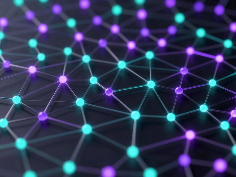 Abstract digital network nodes glowing with violet and teal light, dark futuristic tech aesthetic, macro detail, 8k