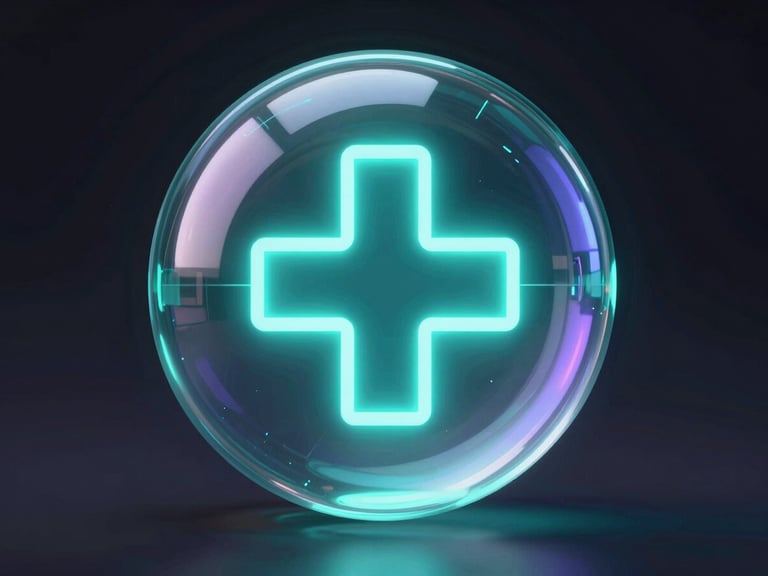 Sleek 3D render of a glowing digital medical cross inside a glassmorphic sphere, dark futuristic tech aesthetic, neon teal backlighting, 8k