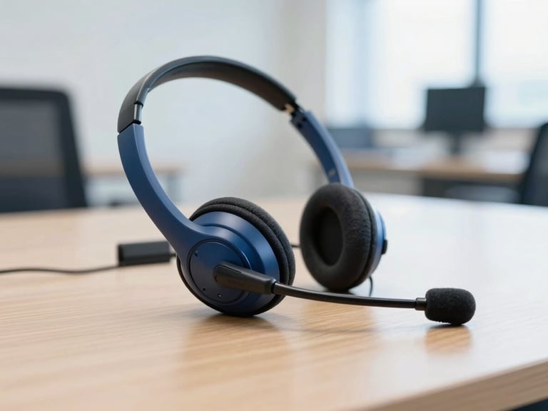 Close up of a modern communication headset resting on a wooden office desk, bright natural corporate background, sharp focus, 35mm