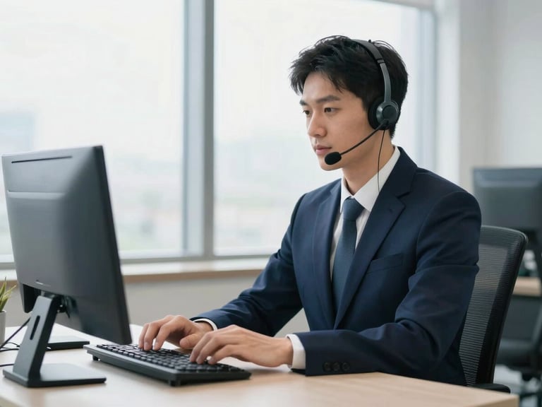 Professional call center agent in a clean modern office, typing on a keyboard while talking on a headset, natural window light, 35mm