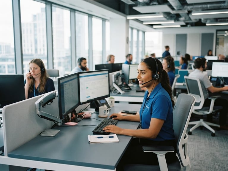 Professional corporate office, bright natural light, focused customer service agents working with modern communication equipment, clean blue and slate tones, 35mm