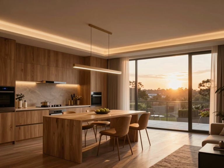 Warm residential interior showing a modern kitchen and dining area with soft linear LED lighting, natural wood finishes, warm sunset light coming through large windows, 35mm