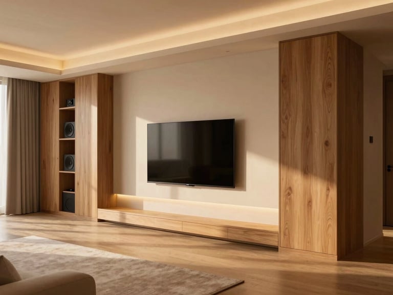 Elegant minimalist living room with custom wooden cabinetry concealing audio equipment, a sleek wall-mounted control panel with soft warm backlight, high-end design, 35mm