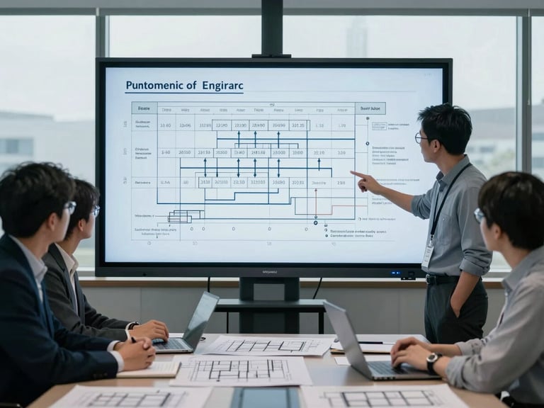 Engineers in a meeting room analyzing a complex project timeline on a large screen, with architectural drawings on the table, cool overcast daylight, desaturated petroleum blue and slate gray tones, sharp focus, 35mm lens.